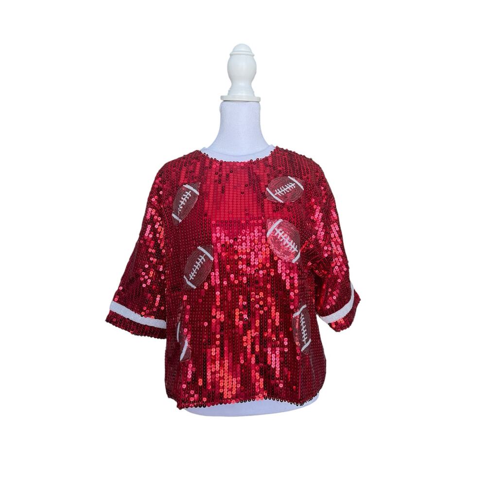 College Game Day Red Sequin Short Sleeve Shirt Top Womens Size Medium